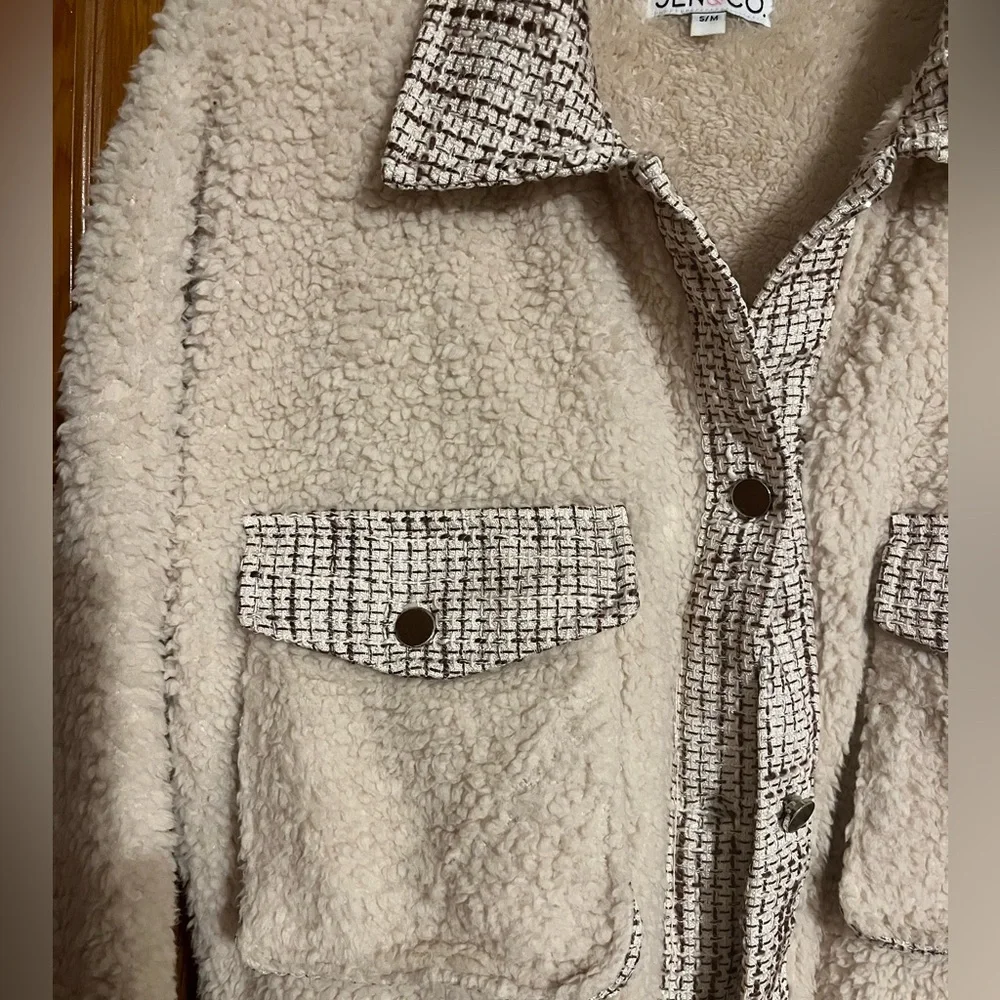Cream Sherpa Jacket with Plaid Accents - Picture 3 of 6
